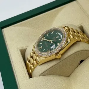 RLX Day-Date "President" 40mm Yellow Gold Green Roman Dial Diamond Bezel - 228348rbr