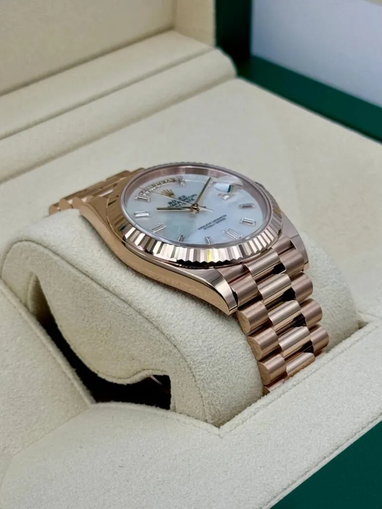 RLX Day-Date "President" 40mm Everose Gold Mother of Pearl Diamond Baguette Dial - 228235