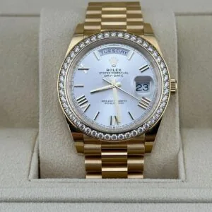 RLX Day-Date 40mm Silver Roman Dial and Diamond Bezel Yellow Gold President Bracelet 228348RBR-0007