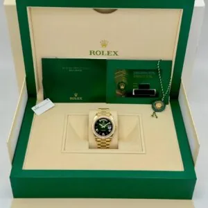 RLX Day-Date "President" 40mm Yellow Gold Green Ombre Dial Diamond Bezel - 228348rbr