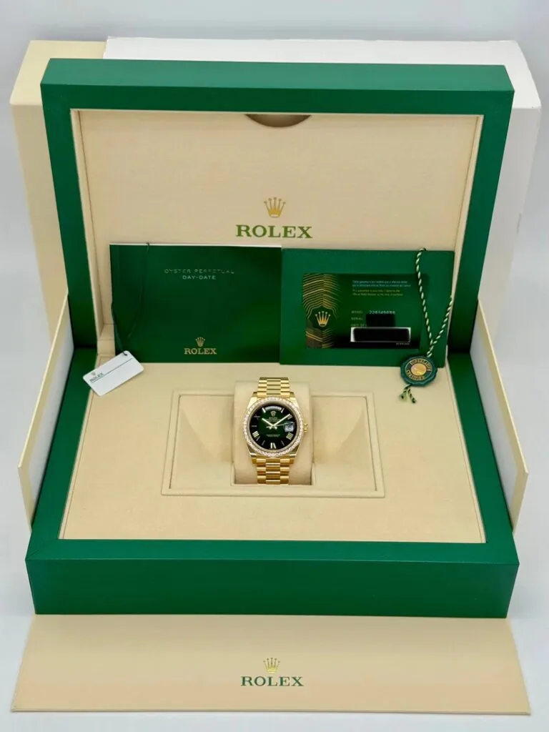 RLX Day-Date "President" 40mm Yellow Gold Green Ombre Dial Diamond Bezel - 228348rbr