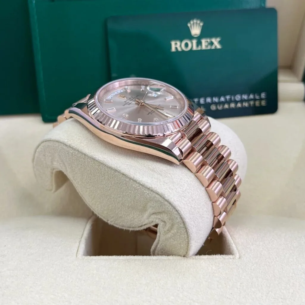 RLX Day-Date "President" 40mm Everose Gold Sundust Diamond Baguette Dial - 228235