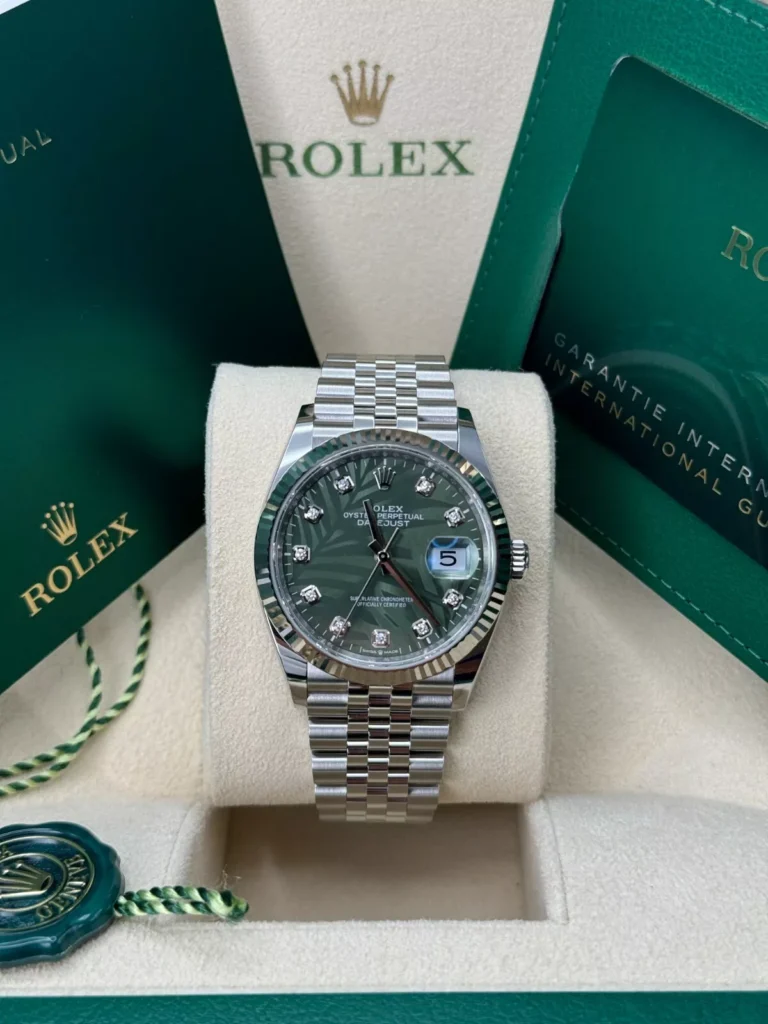 RLX Datejust 36mm 126234 Olive Green Palm Motif Diamond Dial Jubilee Stainless Steel Watch