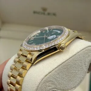 RLX Day-Date "President" 40mm Yellow Gold Green Roman Dial Diamond Bezel - 228348rbr
