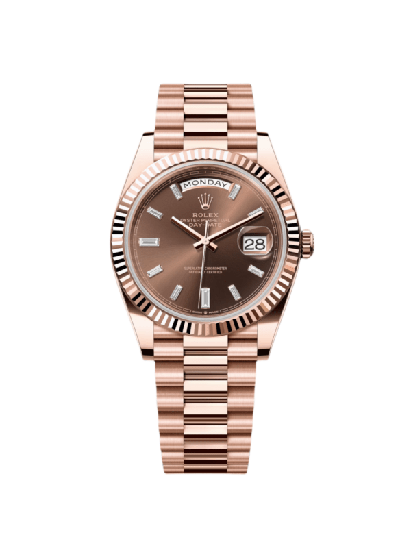RLX Day-Date "President" 40mm Everose Gold Chocolate Diamond Baguette Dial - 228235