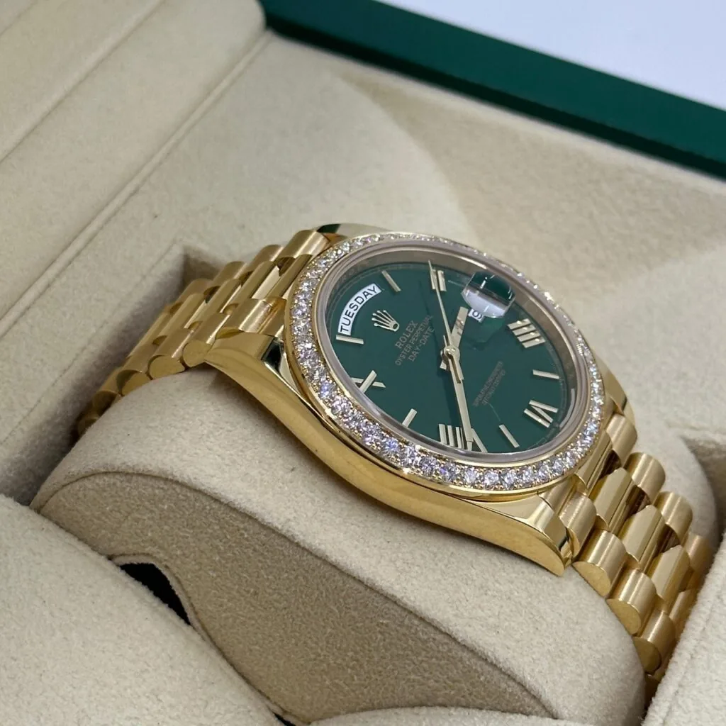 RLX Day-Date "President" 40mm Yellow Gold Green Roman Dial Diamond Bezel - 228348rbr