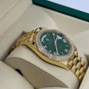 RLX Day-Date "President" 40mm Yellow Gold Green Roman Dial Diamond Bezel - 228348rbr