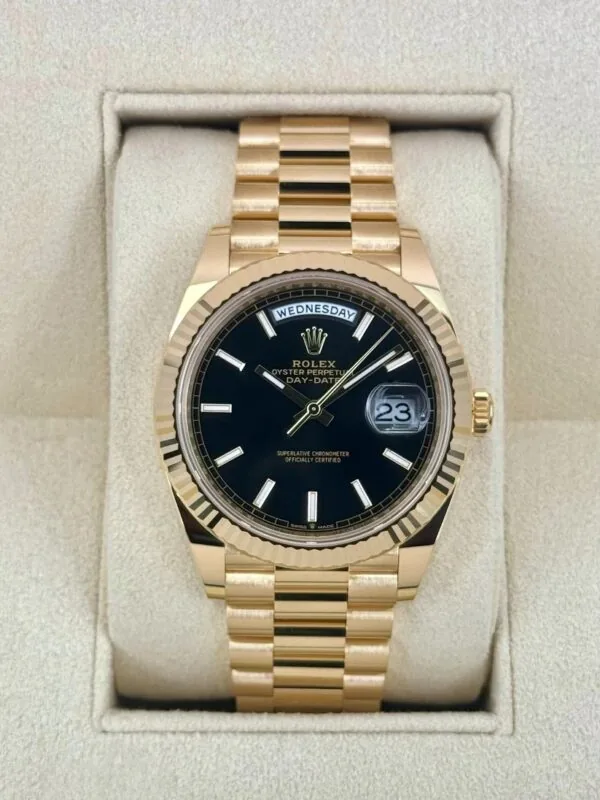 RLX Day-Date "President" 40mm Yellow Gold Black Index Dial - 228238