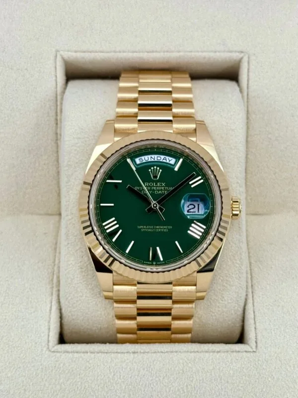 RLX Day-Date "President" 40mm Yellow Gold Green Roman "Money" Dial - 228238