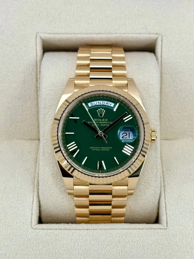 RLX Day-Date "President" 40mm Yellow Gold Green Roman "Money" Dial - 228238
