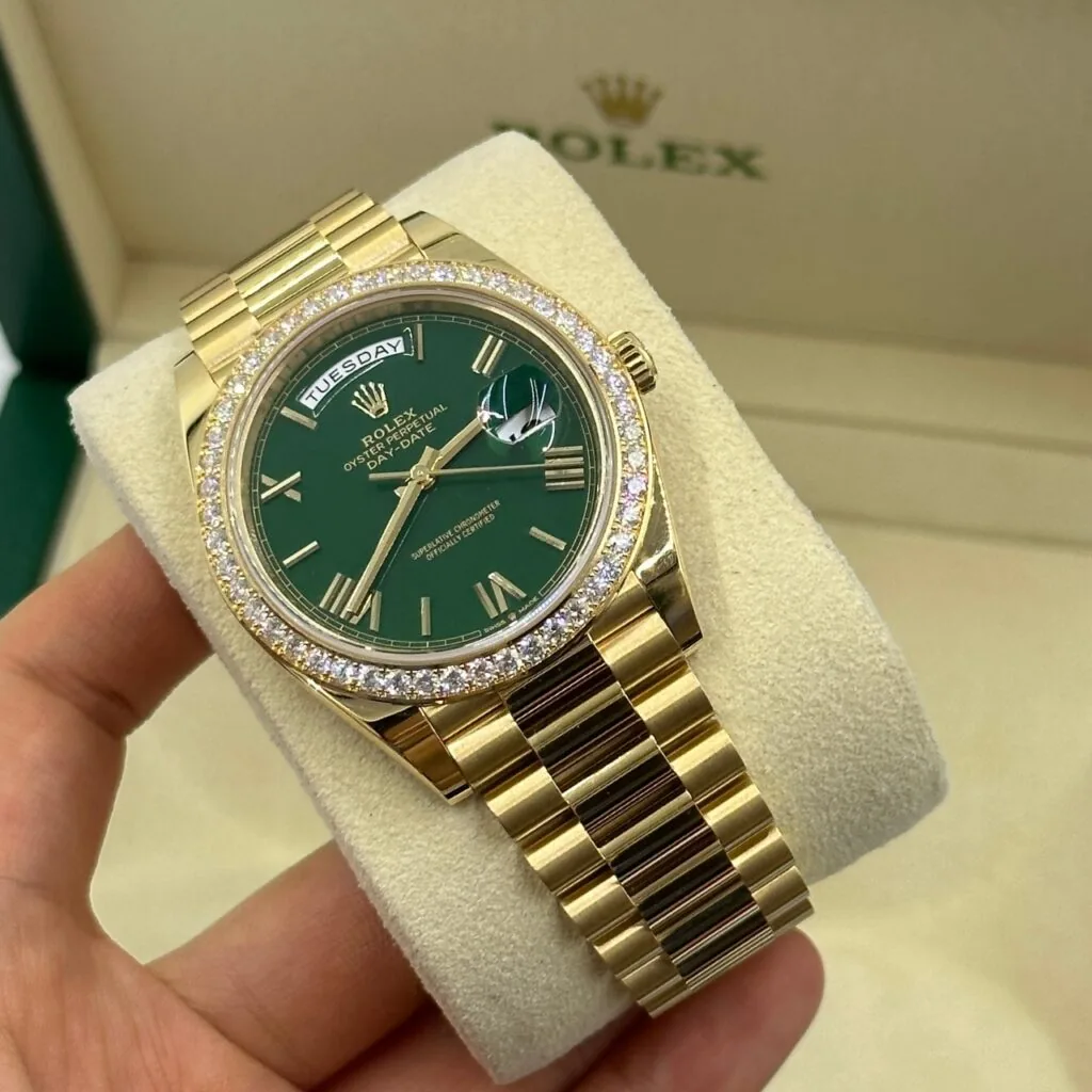 RLX Day-Date "President" 40mm Yellow Gold Green Roman Dial Diamond Bezel - 228348rbr