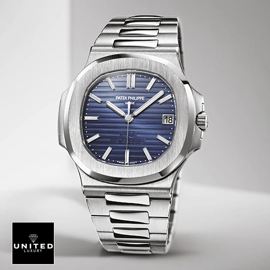 Patek Philippe Nautilus Platinum Blue Replica 4 Patek Philippe Nautilus Platinum Blue Dial Replica front view white background