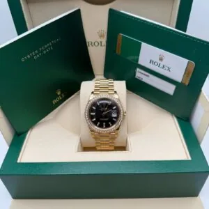 RLX Day-Date 40mm Black Diamond Dial and Diamond Bezel Yellow Gold President Bracelet 228348RBR-0001