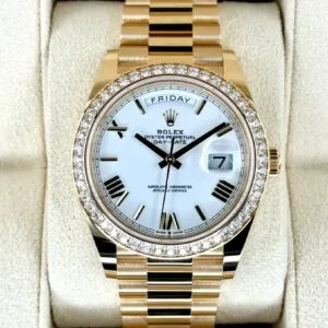 RLX Day-Date "President" 40mm Yellow Gold White Roman Dial Diamond Bezel - 228348rbr