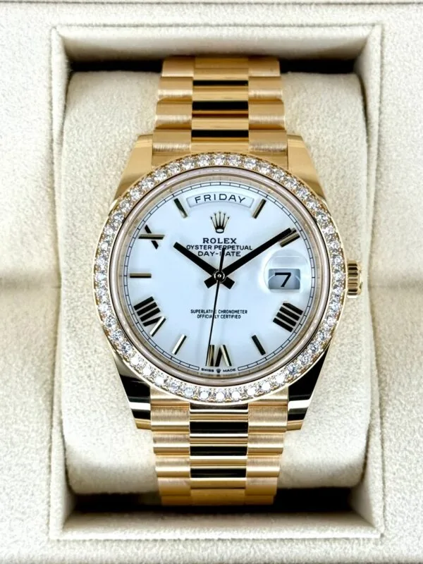 RLX Day-Date "President" 40mm Yellow Gold White Roman Dial Diamond Bezel - 228348rbr