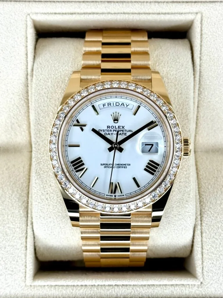 RLX Day-Date "President" 40mm Yellow Gold White Roman Dial Diamond Bezel - 228348rbr