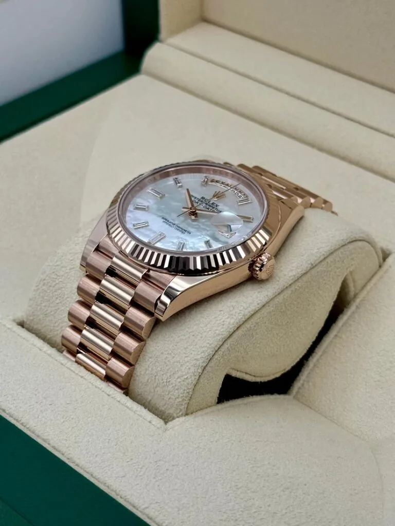 RLX Day-Date "President" 40mm Everose Gold Mother of Pearl Diamond Baguette Dial - 228235