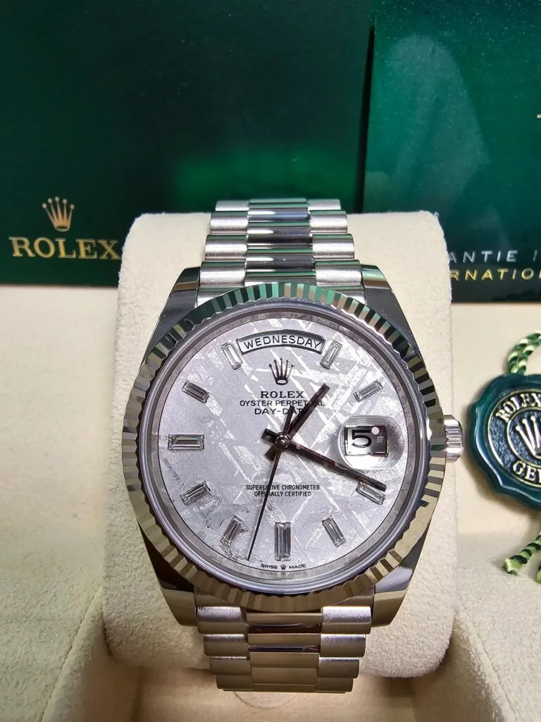 RLX Day-Date "President" 40mm White Gold Meteorite Diamond Baguette Dial - 228239