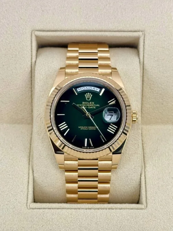 RLX Yellow Gold President Day Date 40mm Green Roman Ombre Dial - 228238
