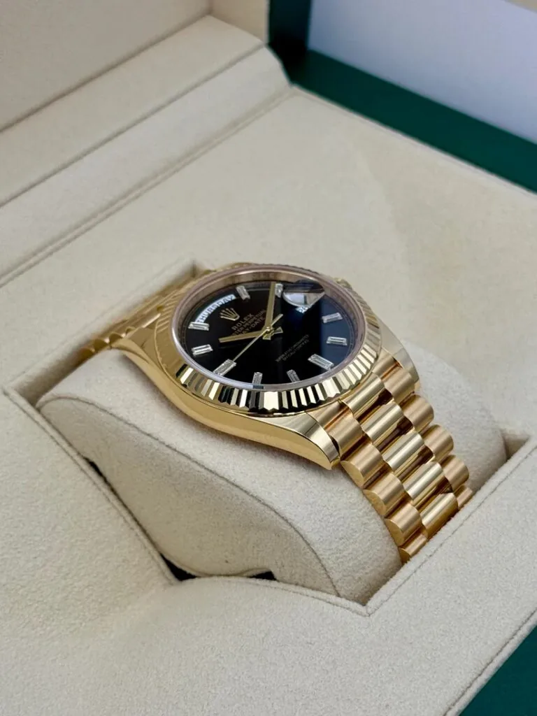 RLX Yellow Gold President Day Date 40mm Black Diamond Baguette Dial - 228238