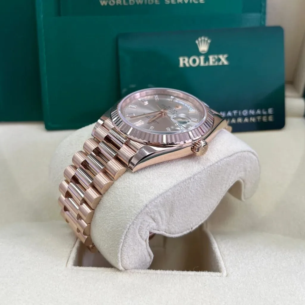 RLX Day-Date "President" 40mm Everose Gold Sundust Diamond Baguette Dial - 228235