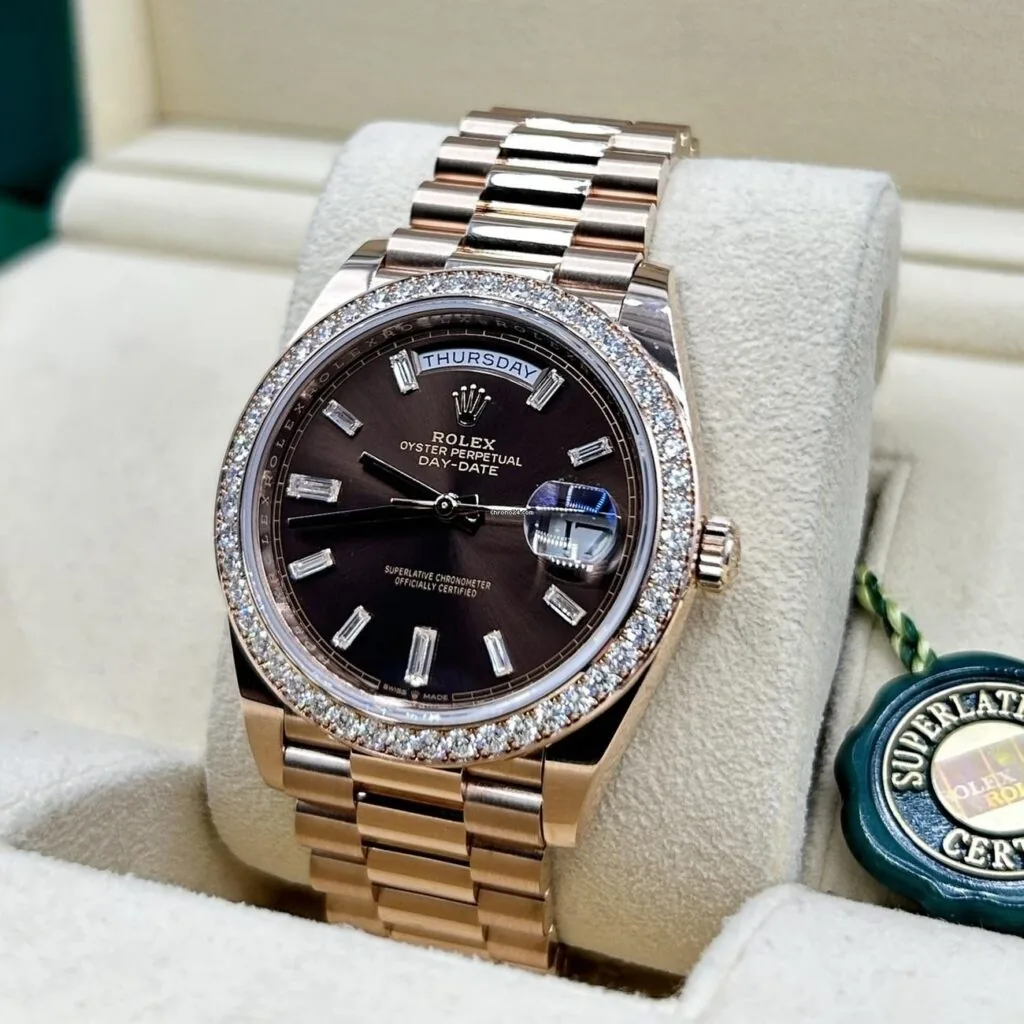 RLX Day-Date 40mm Chocolate Baguette Diamond Dial Diamond Bezel Dial Watch 228345RBR