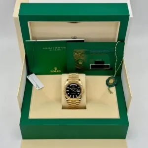 RLX Yellow Gold President Day Date 40mm Black Diamond Baguette Dial - 228238
