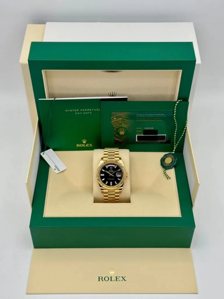 RLX Yellow Gold President Day Date 40mm Black Diamond Baguette Dial - 228238