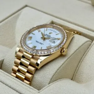 RLX Day-Date "President" 40mm Yellow Gold White Roman Dial Diamond Bezel - 228348rbr