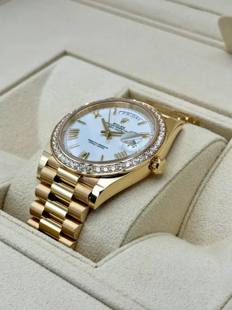 RLX Day-Date "President" 40mm Yellow Gold White Roman Dial Diamond Bezel - 228348rbr