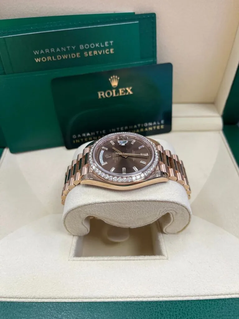 RLX Day-Date 40mm Chocolate Baguette Diamond Dial Diamond Bezel Dial Watch 228345RBR