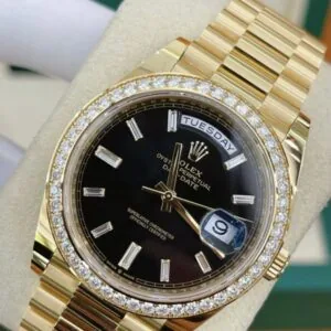 RLX Day-Date 40mm Black Diamond Dial and Diamond Bezel Yellow Gold President Bracelet 228348RBR-0001