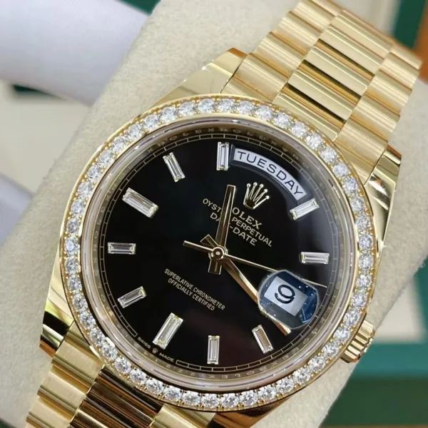RLX Day-Date 40mm Black Diamond Dial and Diamond Bezel Yellow Gold President Bracelet 228348RBR-0001