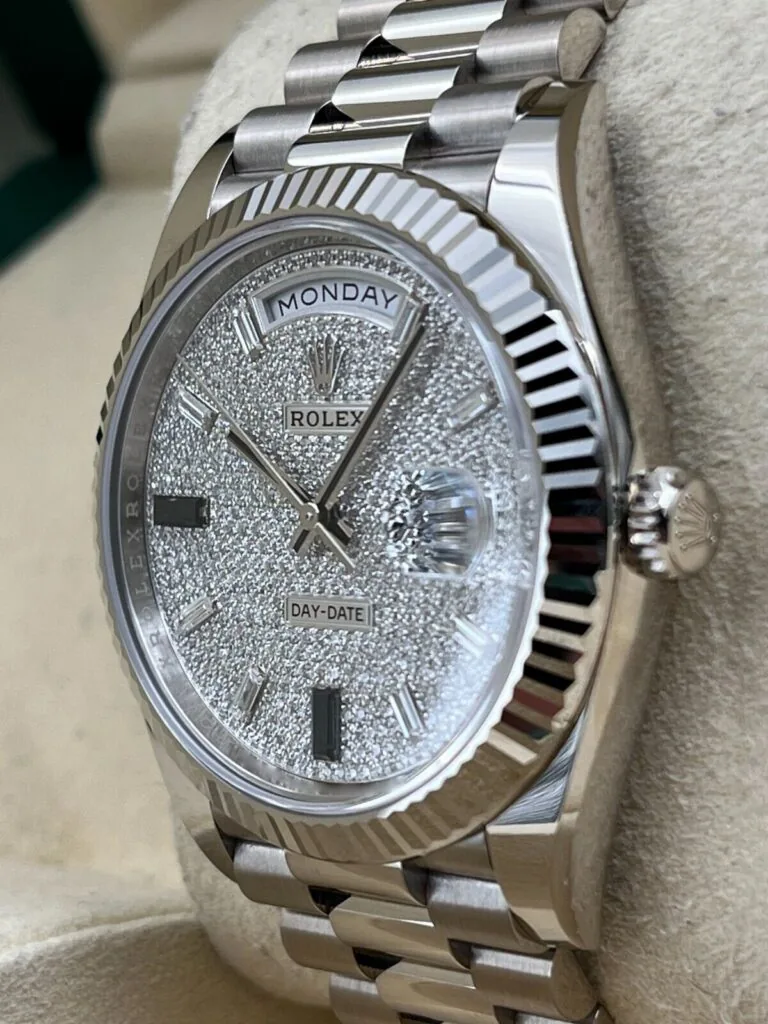 RLX Day-Date "President" 40mm White Gold Pave Diamond Sapphire Dial - 228239