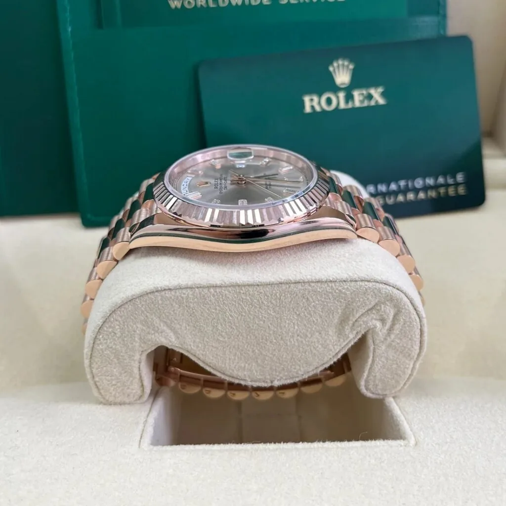 RLX Day-Date "President" 40mm Everose Gold Sundust Diamond Baguette Dial - 228235