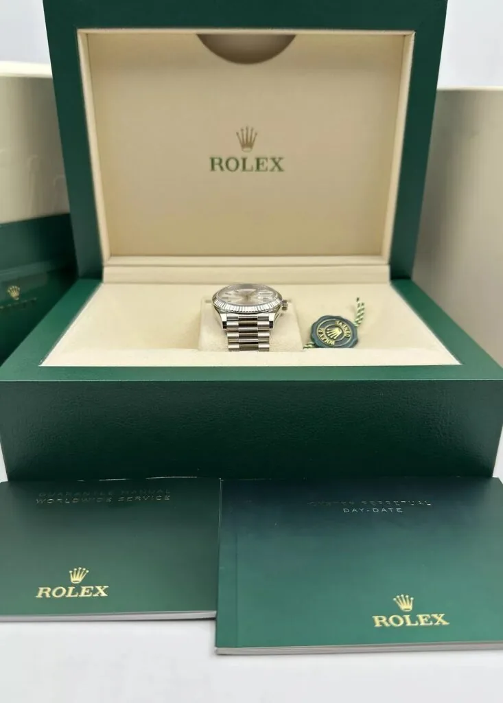 RLX Day-Date "President" 40mm White Gold Silver Diamond Baguette Dial - 228239