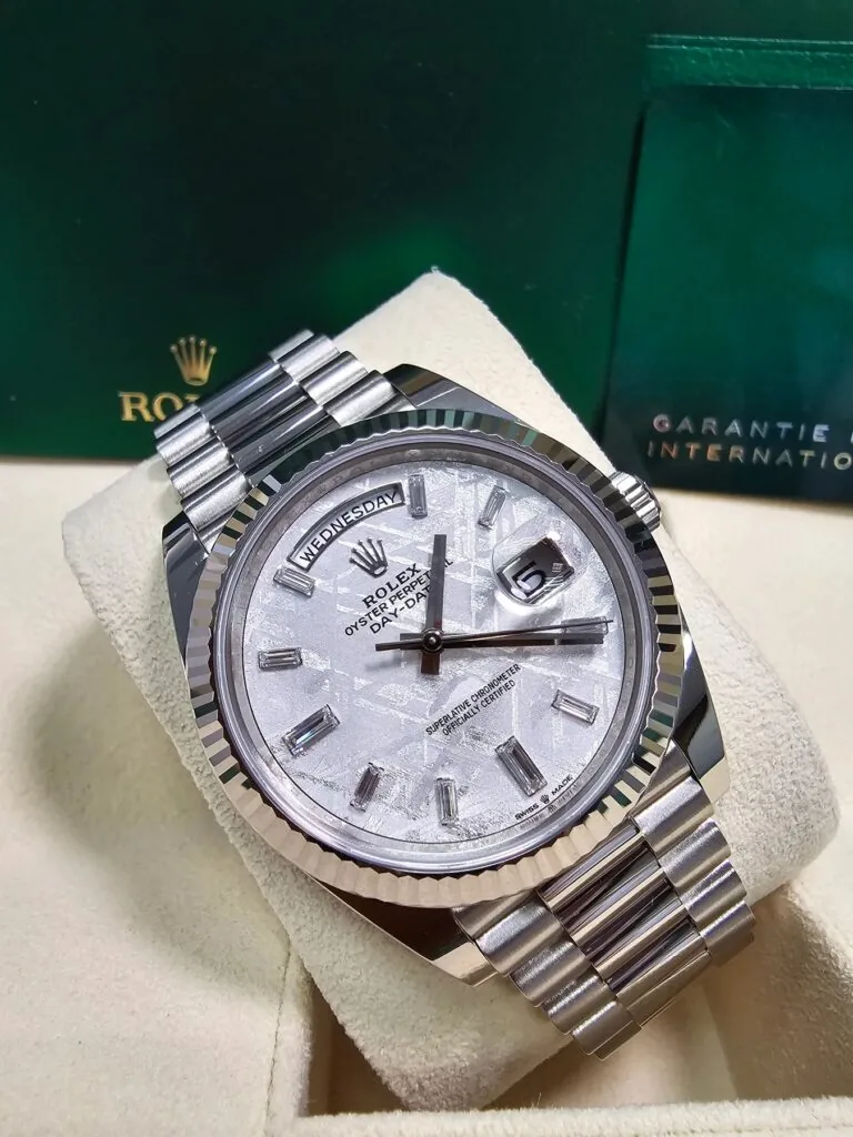 RLX Day-Date "President" 40mm White Gold Meteorite Diamond Baguette Dial - 228239