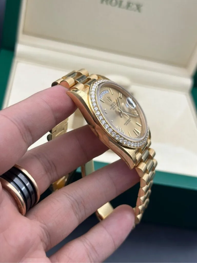 RLX Day-Date 40mm Champagne Dial and Diamond Bezel Yellow Gold President Bracelet 228348RBR-0003