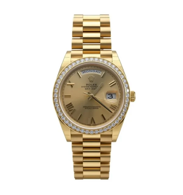 RLX Day-Date 40mm Champagne Dial and Diamond Bezel Yellow Gold President Bracelet 228348RBR-0003