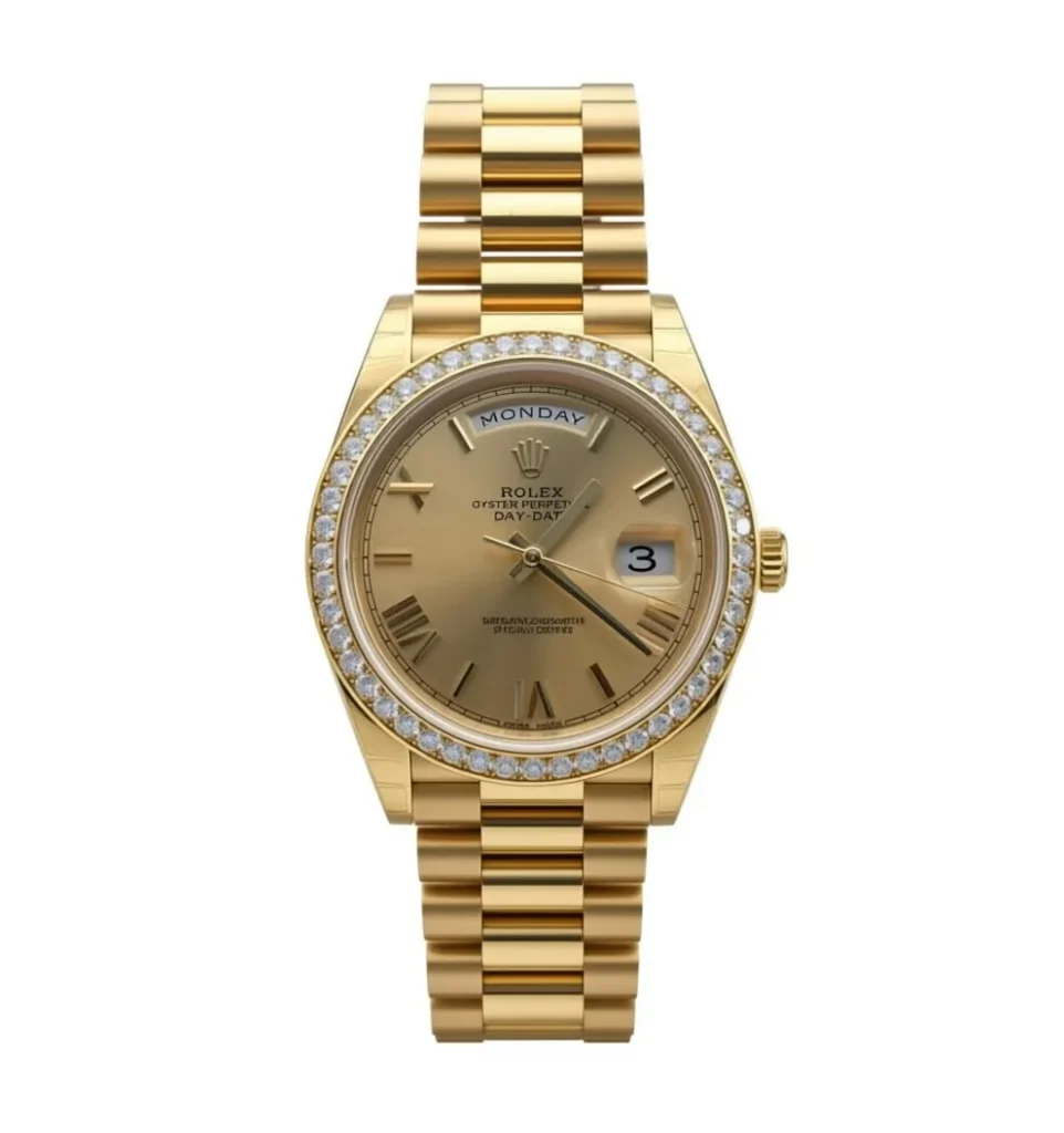 RLX Day-Date 40mm Champagne Dial and Diamond Bezel Yellow Gold President Bracelet 228348RBR-0003