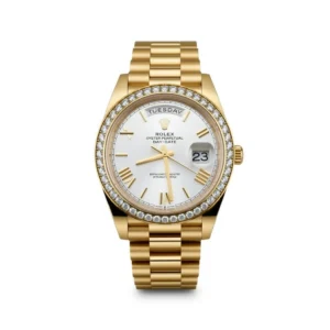 RLX Day-Date 40mm Silver Roman Dial and Diamond Bezel Yellow Gold President Bracelet 228348RBR-0007