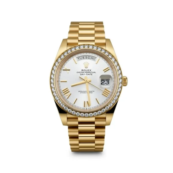 RLX Day-Date 40mm Silver Roman Dial and Diamond Bezel Yellow Gold President Bracelet 228348RBR-0007