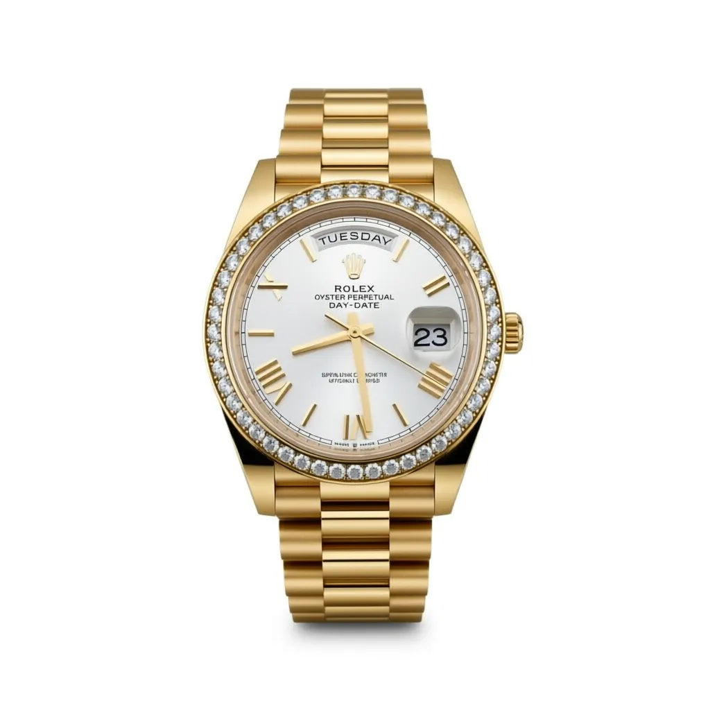 RLX Day-Date 40mm Silver Roman Dial and Diamond Bezel Yellow Gold President Bracelet 228348RBR-0007