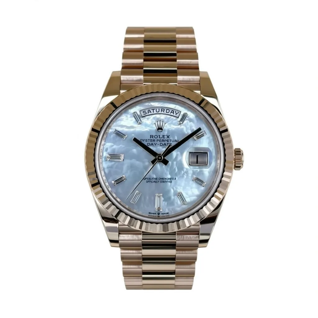 RLX Day-Date "President" 40mm Everose Gold Mother of Pearl Diamond Baguette Dial - 228235