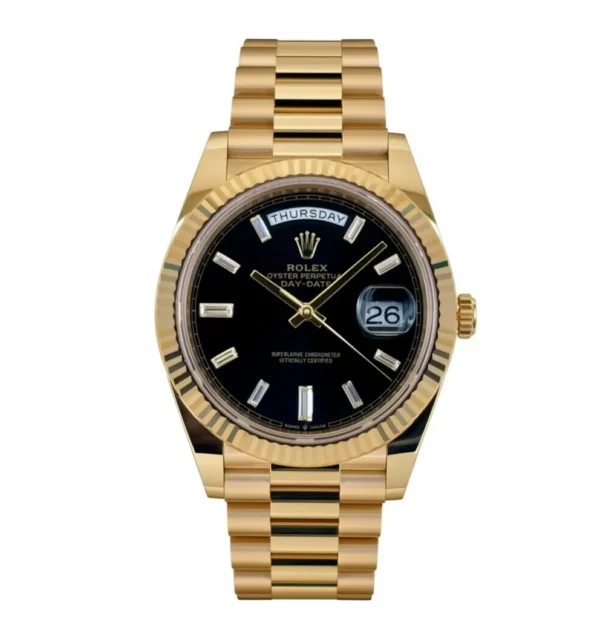 RLX Yellow Gold President Day Date 40mm Black Diamond Baguette Dial - 228238