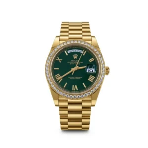RLX Day-Date "President" 40mm Yellow Gold Green Roman Dial Diamond Bezel - 228348rbr