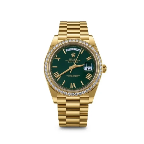 RLX Day-Date "President" 40mm Yellow Gold Green Roman Dial Diamond Bezel - 228348rbr