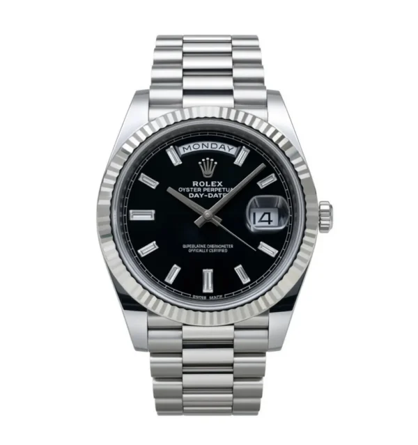 RLX Day-Date "President" 40mm White Gold Black Diamond Baguette Dial - 228239