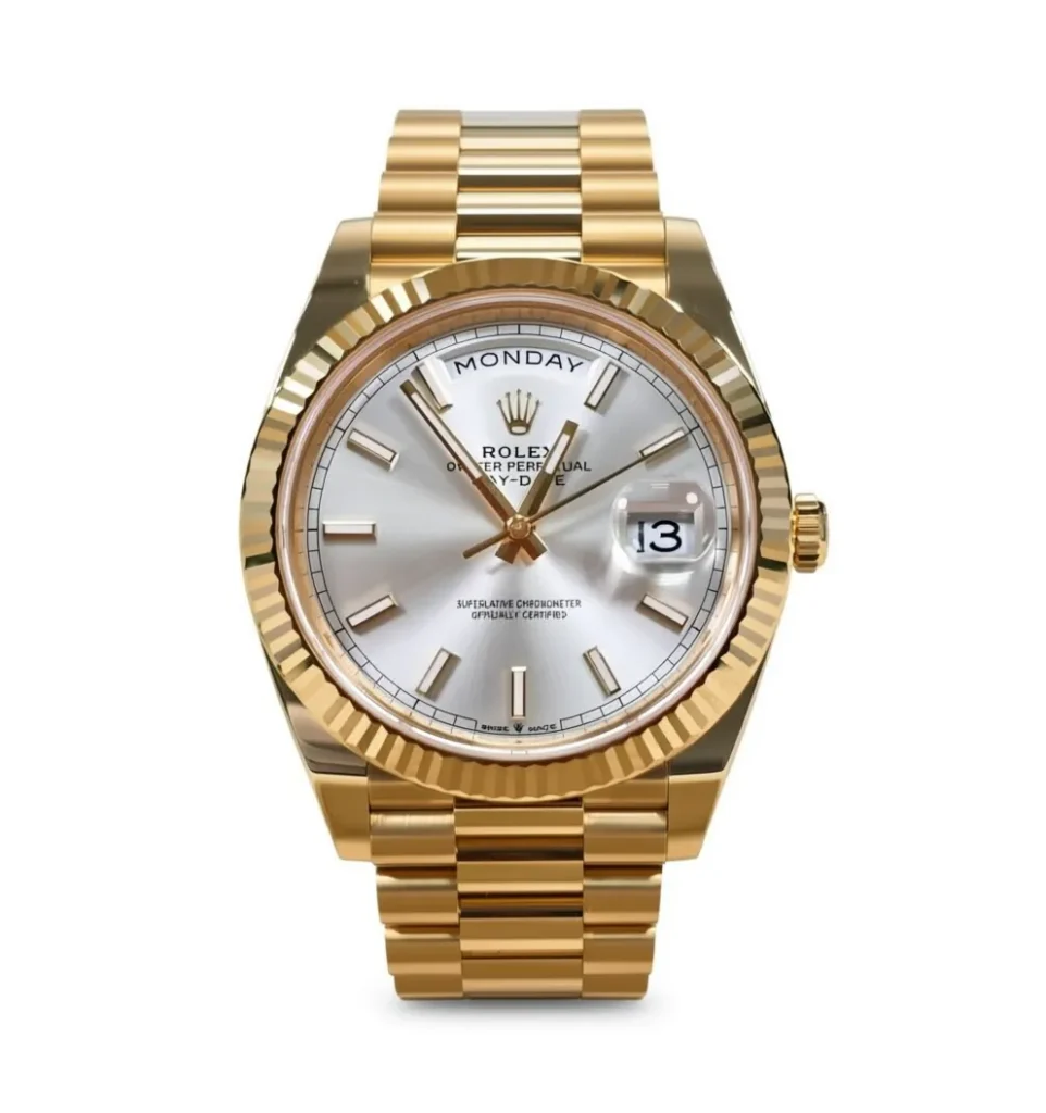 RLX Day-Date "President" 40mm Yellow Gold Silver Index Dial - 228238