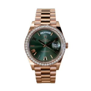 RLX "President" 40mm Everose Gold Olive Green Roman Dial Diamond Bezel - 228345RBR